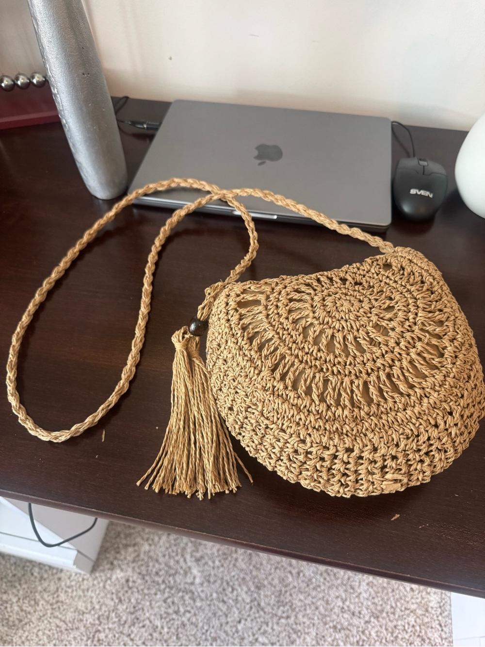 Handwoven Round Straw Crossbody Bag | Summer Woven Beach Purse - Picture 5 of 9